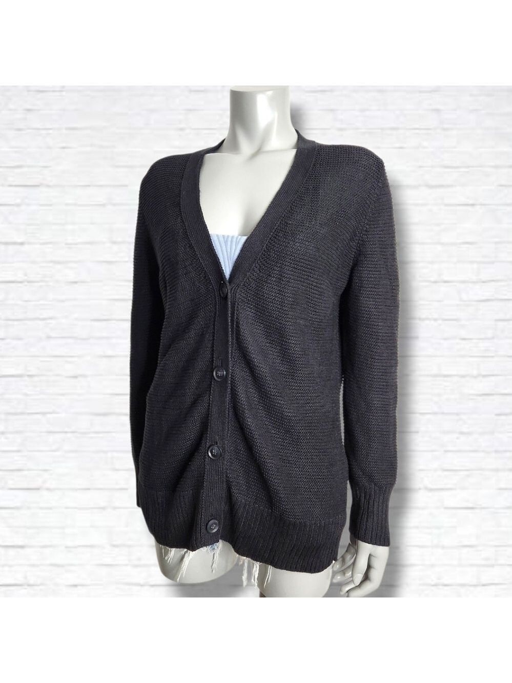 Banana Republic Black 100% Linen Open Knit V Neck Button Cardigan Size L